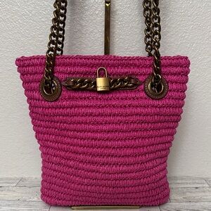 Kurt Geiger Brixton Pink Raffia Tote Bag with Chain Handles NWT